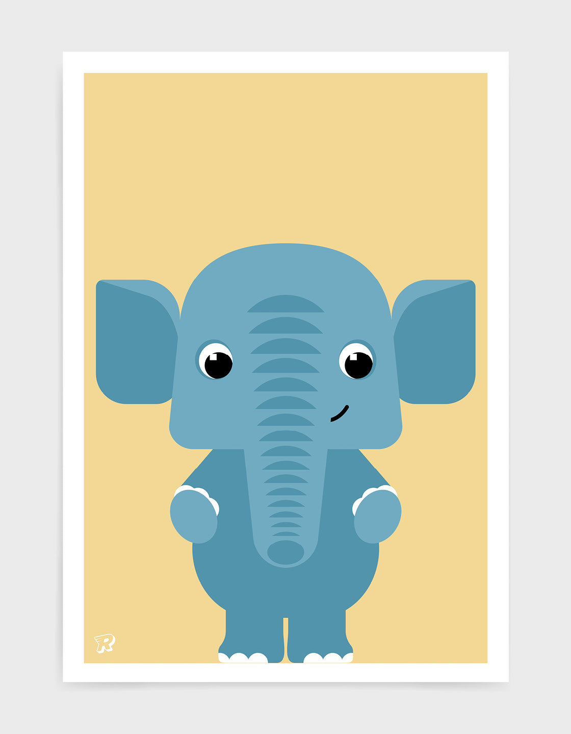 childs art print depicting a cute elephant illustration in blue against a yellow background. 