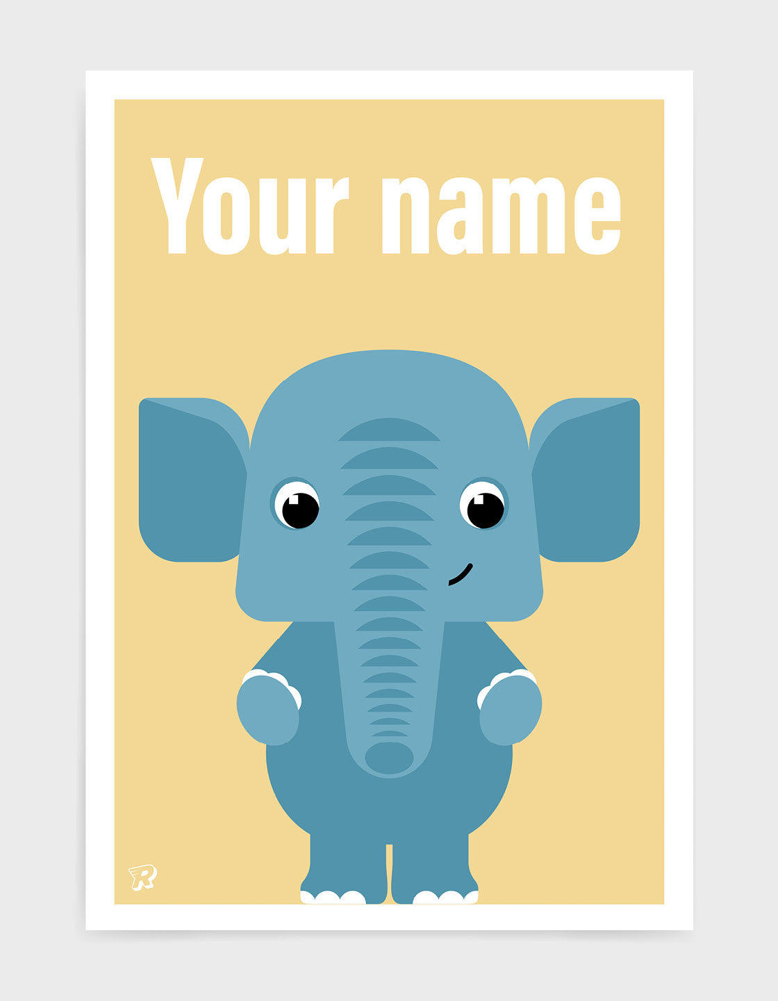 childs art print depicting a cute elephant illustration in blue against a yellow background. The words your name are written above as the picture can be customised