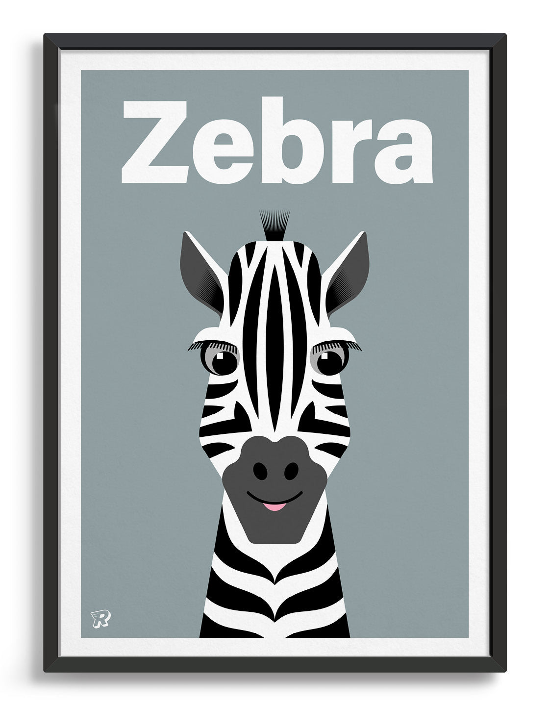 kids cute zebra art print with an illustration of a friendly zebra on a grey background. The word zebra is written along the top in a white font
