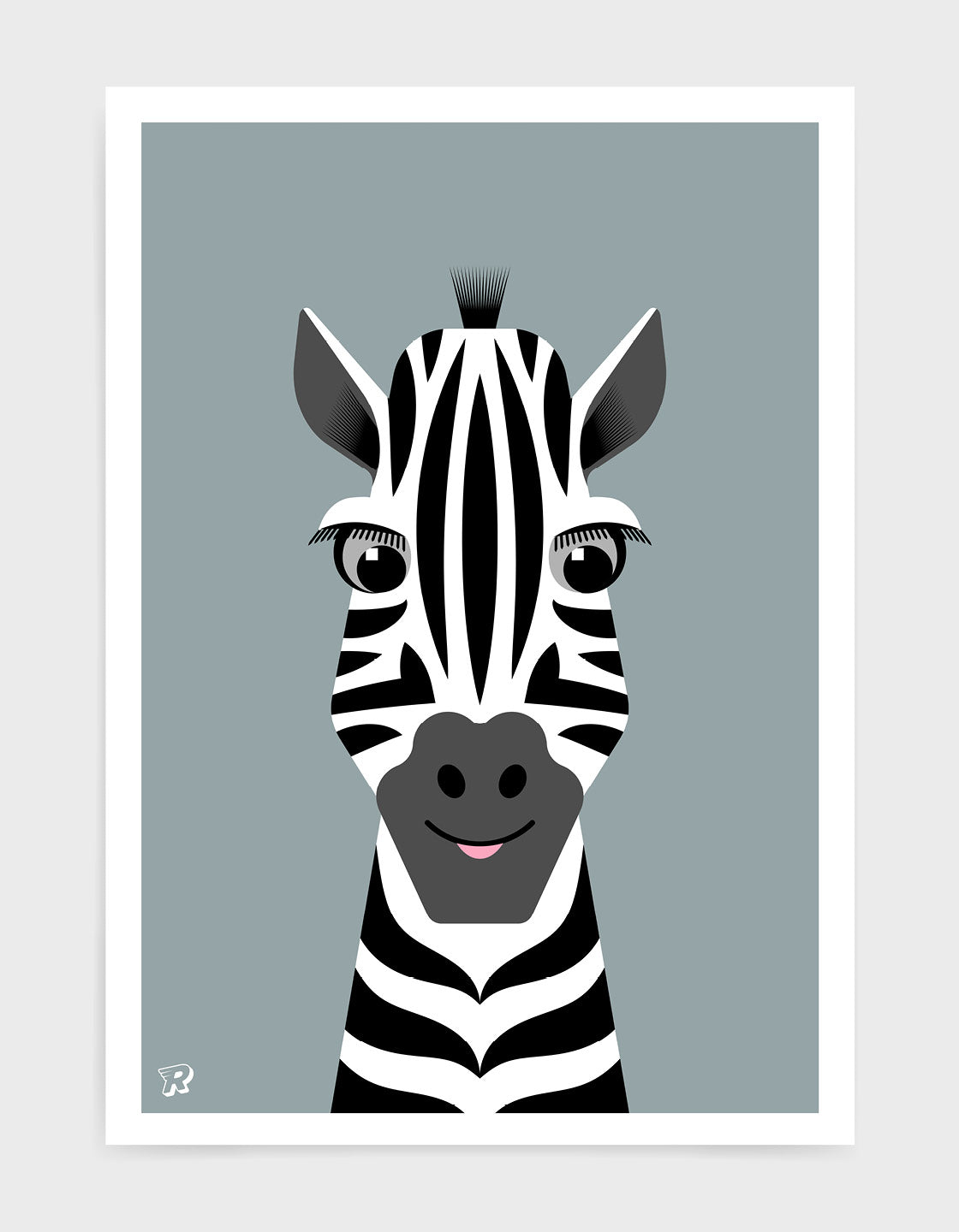 kids cute zebra art print with an illustration of a friendly zebra on a grey background. 