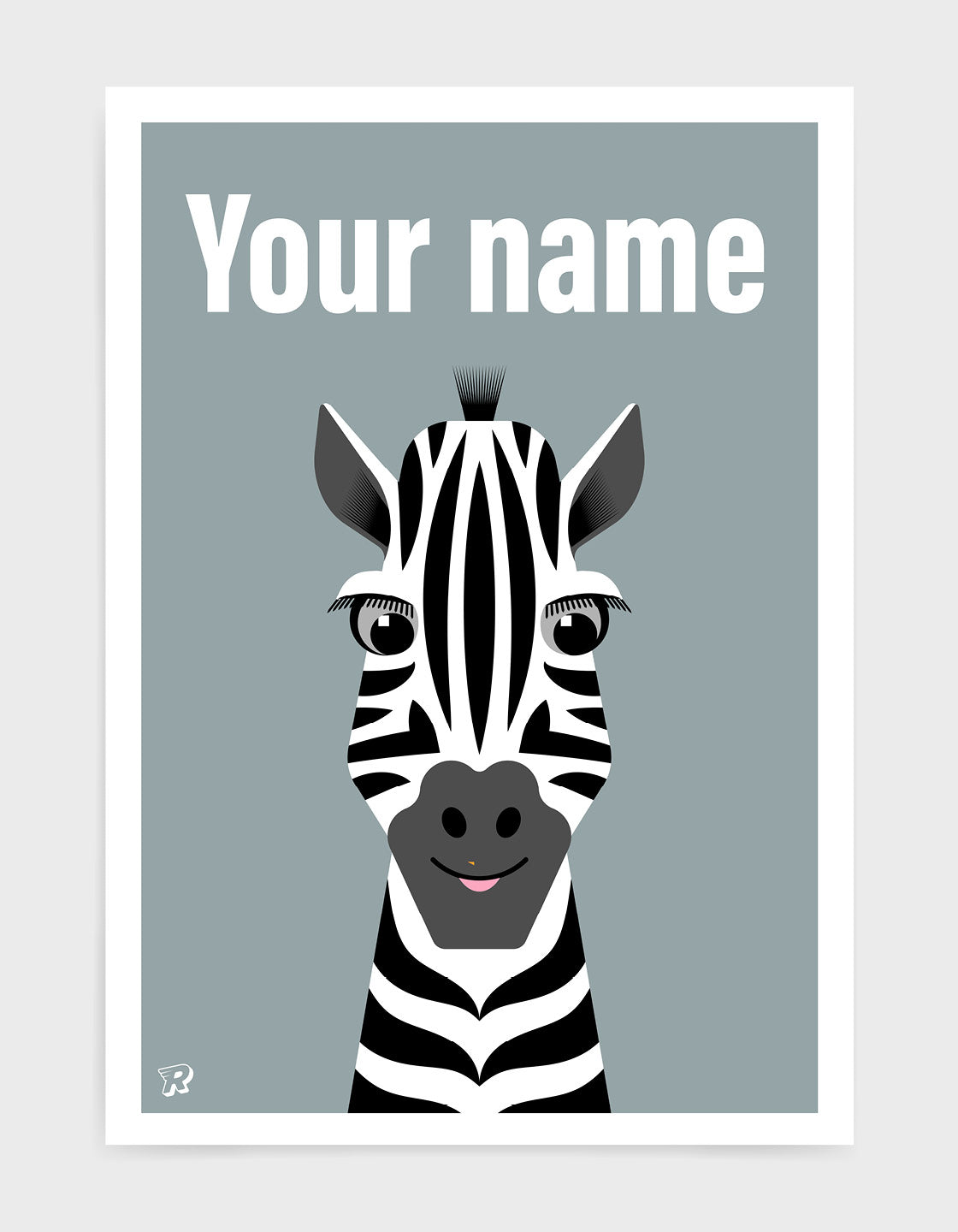 kids cute zebra art print with an illustration of a friendly zebra on a grey background. The words your name are written along the top in a white font to show where the option is to Personalised the print