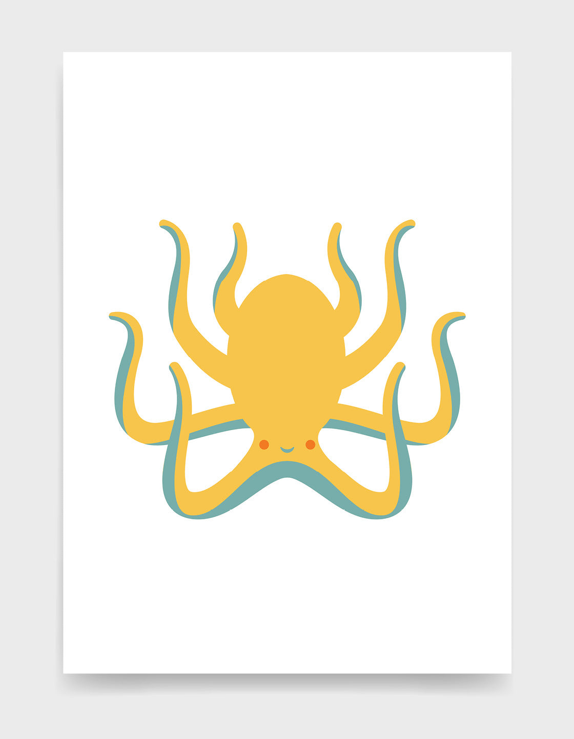 Kids octopus art print depicts a cute yellow octopus with a smiling face and blue underneath against a white background
