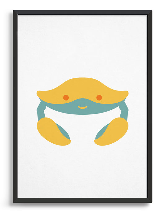 Kids cute crab print with a yellow and blue crab with a sweet face against a white background_kids bedroom decor