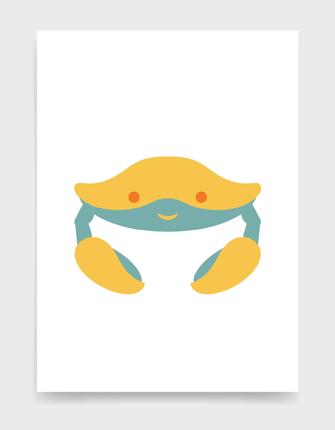 Kids cute crab print with a yellow and blue crab with a sweet face against a white background_kids bedroom decor