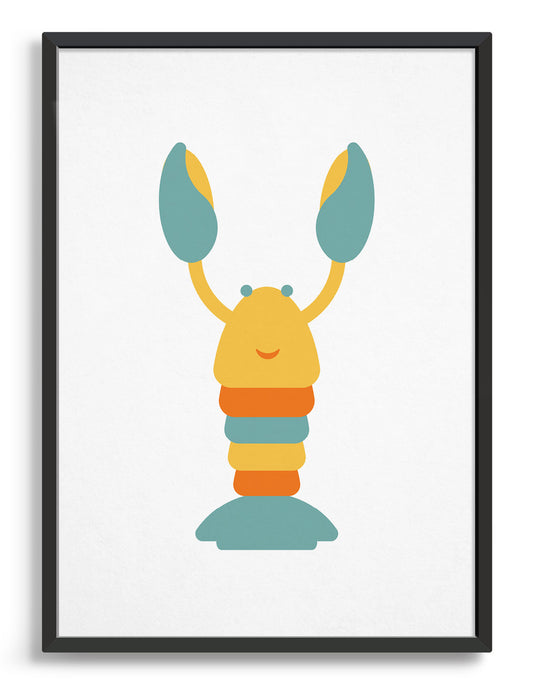 Kids cute lobster print featuring a mulito colour lobster in yellow, orange and blue with a smiling friendly face against a white background