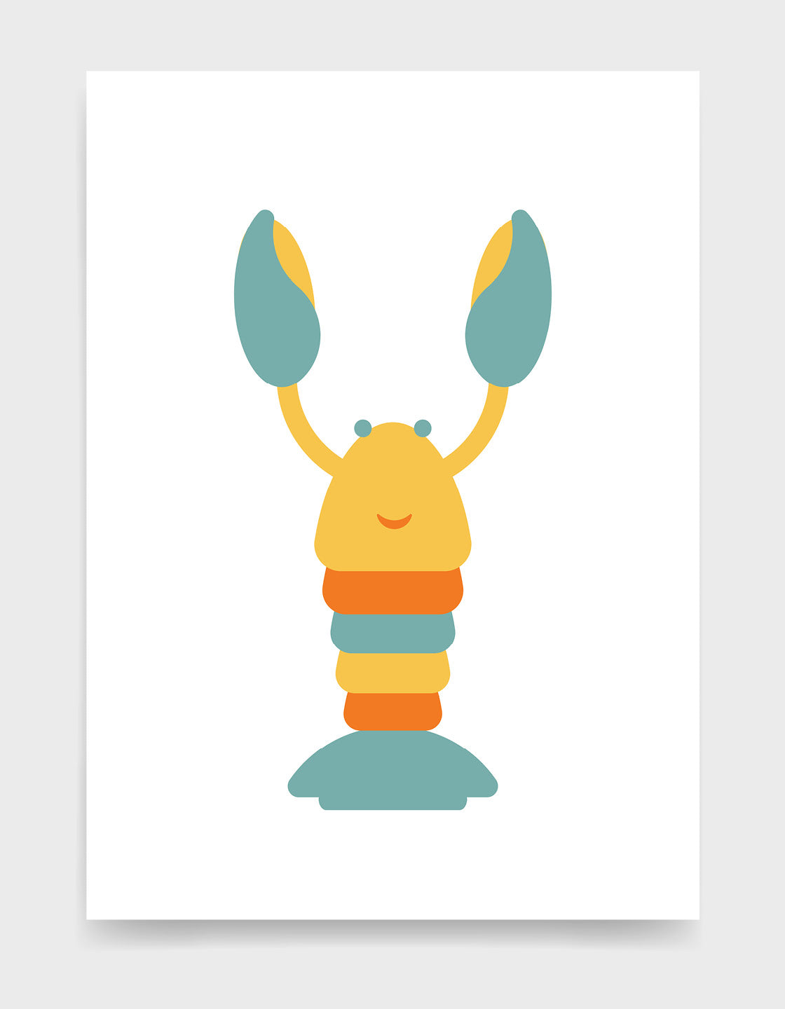 Kids cute lobster print featuring a mulito colour lobster in yellow, orange and blue with a smiling friendly face against a white background