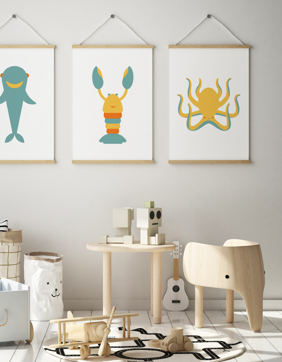 Lifestyle image depicting the kids range of under the sea prints and the different sizes available
