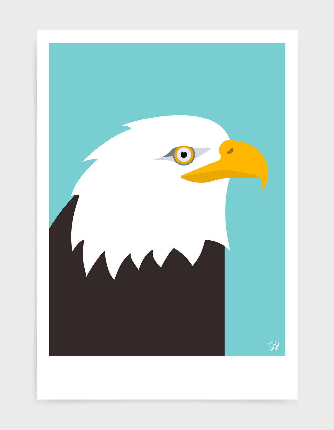 art print of an American bald eagle in profile against a aqua blue background