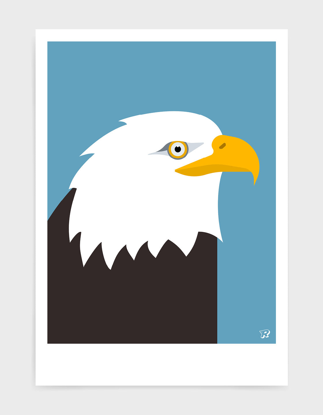 art print of an American bald eagle in profile against a sky blue background