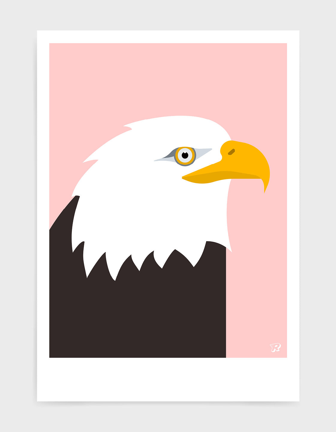 art print of an American bald eagle in profile against a pink background