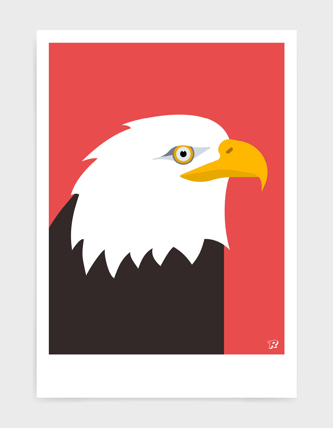 art print of an American bald eagle in profile against a red background