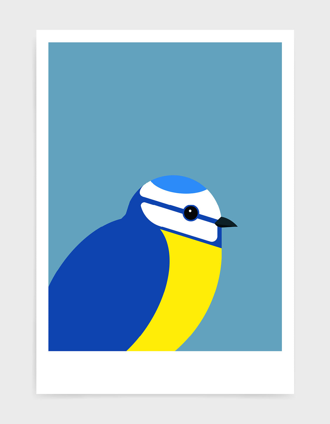 modern illustration of a blue tit bird against a sky blue background