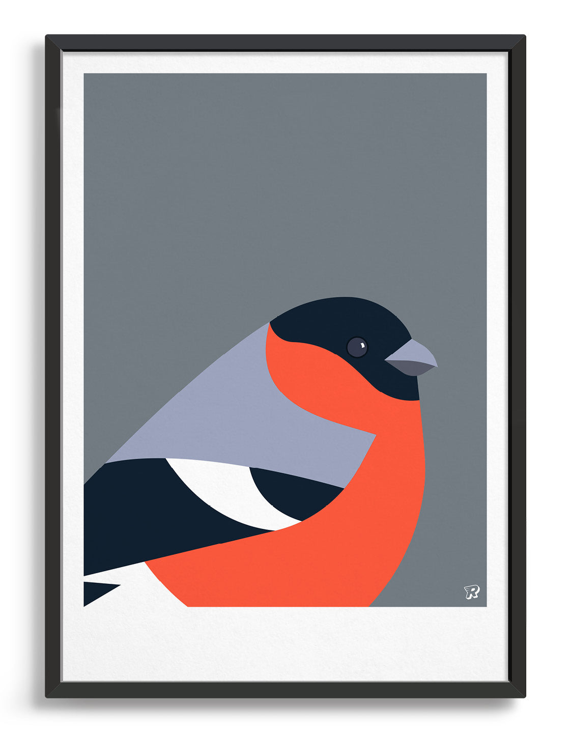 Modern art print with a bullfinch bird in black, grey and orange against a dark grey background