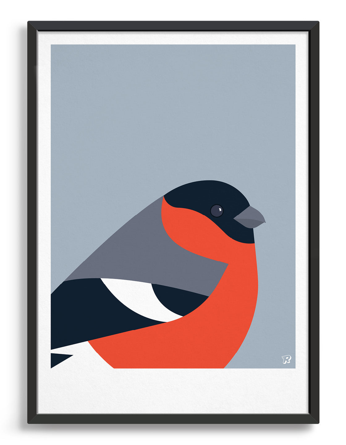 Modern art print with a bullfinch bird in black, grey and orange against a light grey background