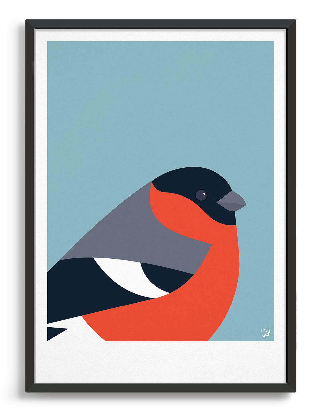 Modern art print with a bullfinch bird in black, grey and orange against a light blue background