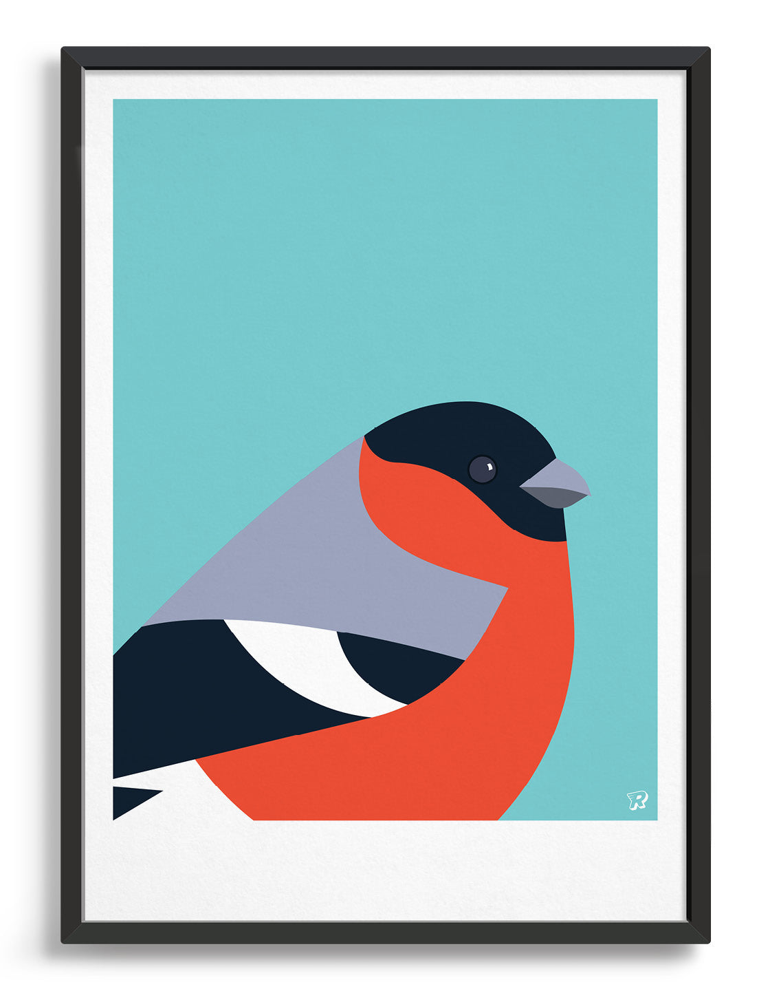 Modern art print with a bullfinch bird in black, grey and orange against a blue aqua background