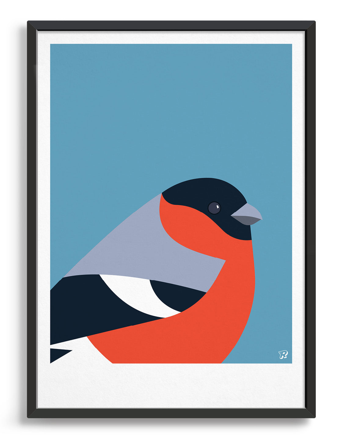 Modern art print with a bullfinch bird in black, grey and orange against a sky blue background