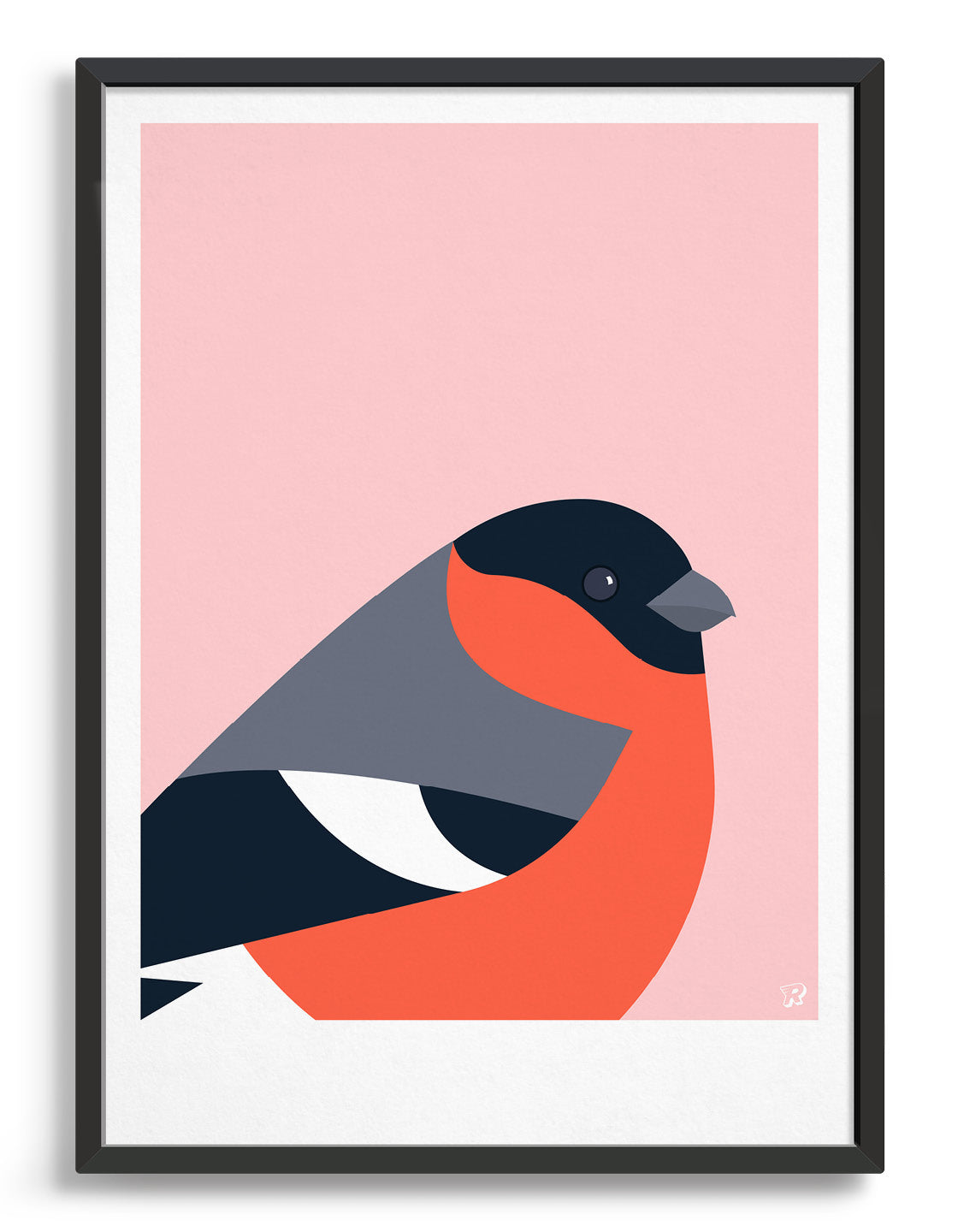 Modern art print with a bullfinch bird in black, grey and orange against a pink background