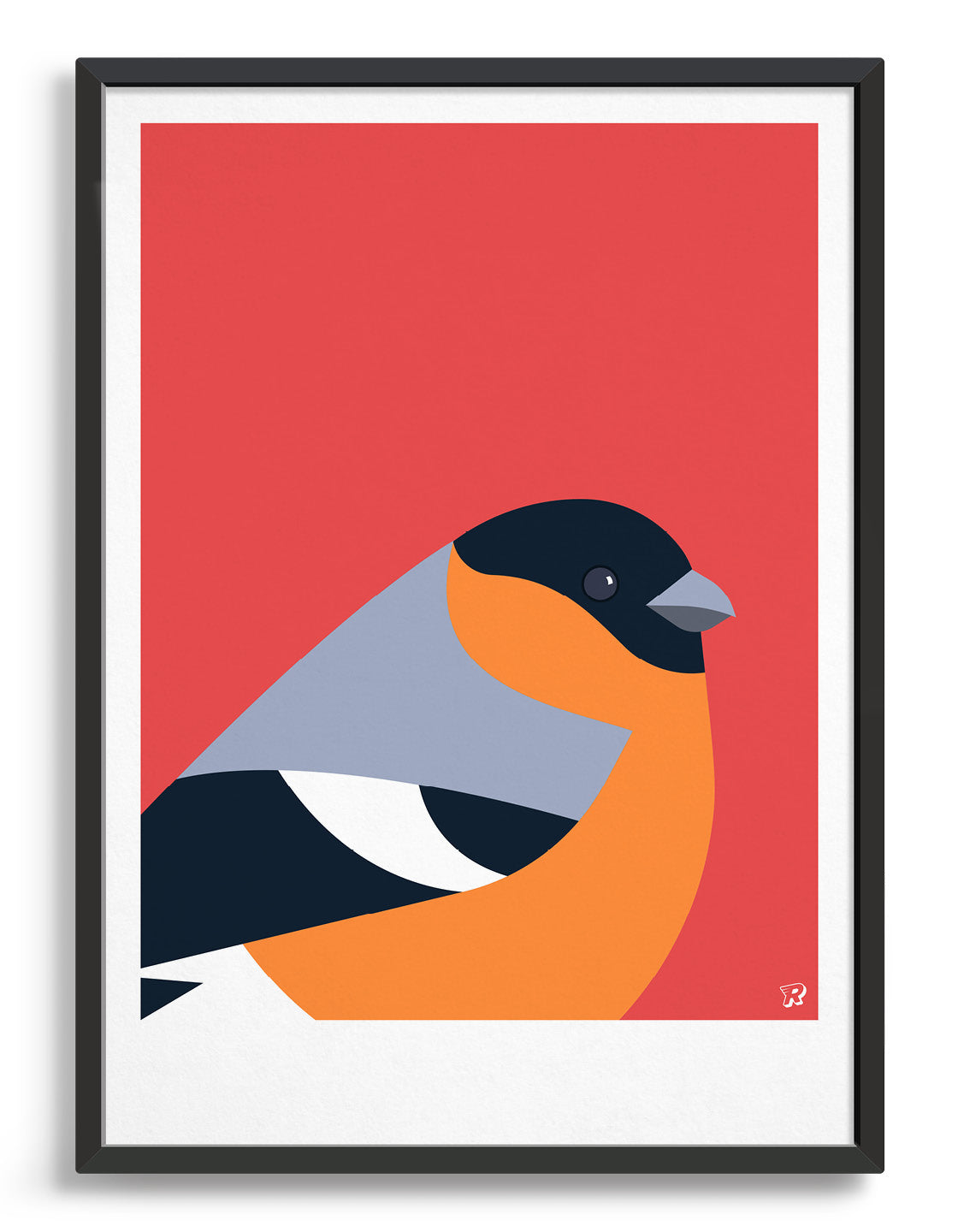 Modern art print with a bullfinch bird in black, grey and orange against a red background