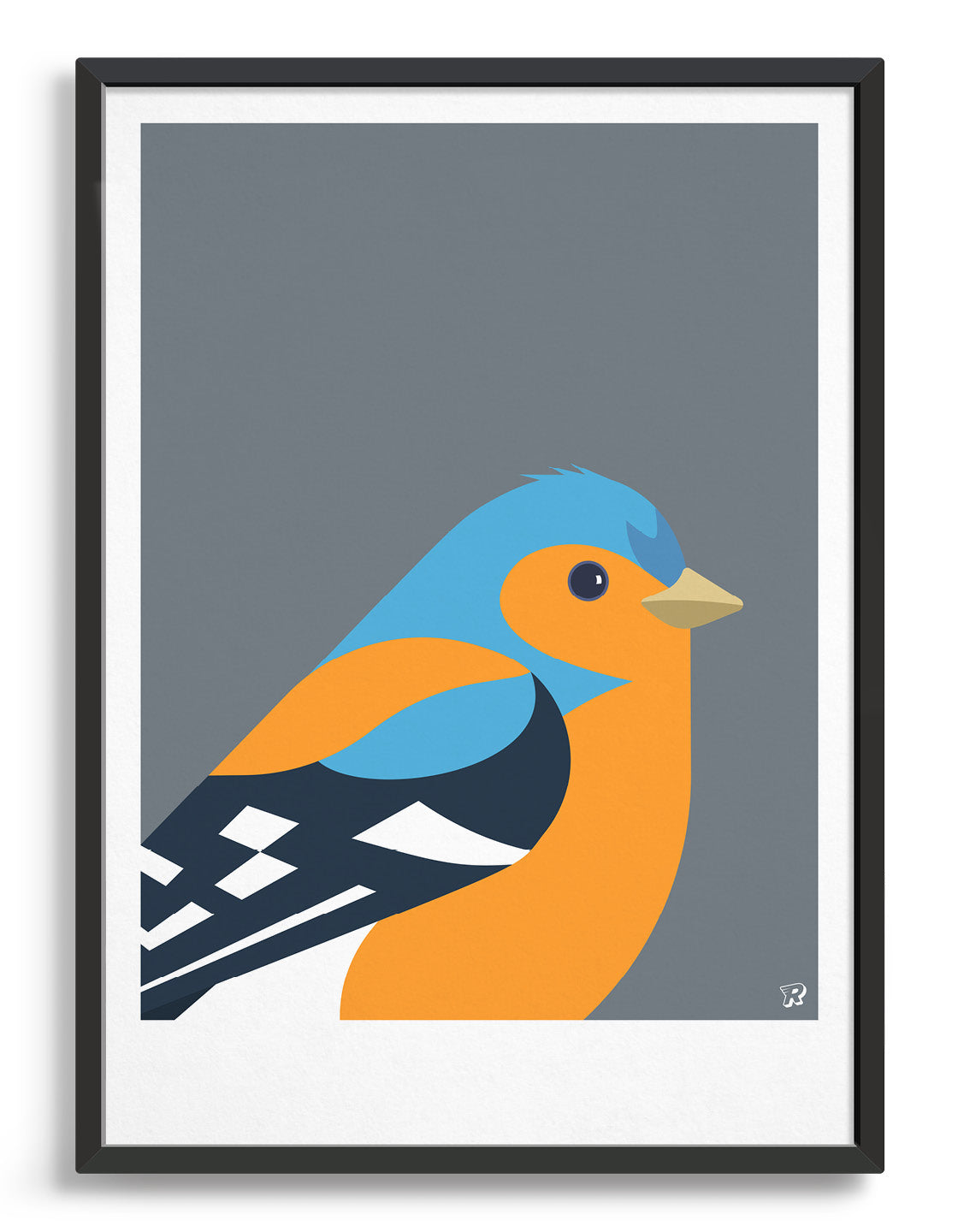 Modern bird print of a chaffinch in blue, black and orange against a dark grey background