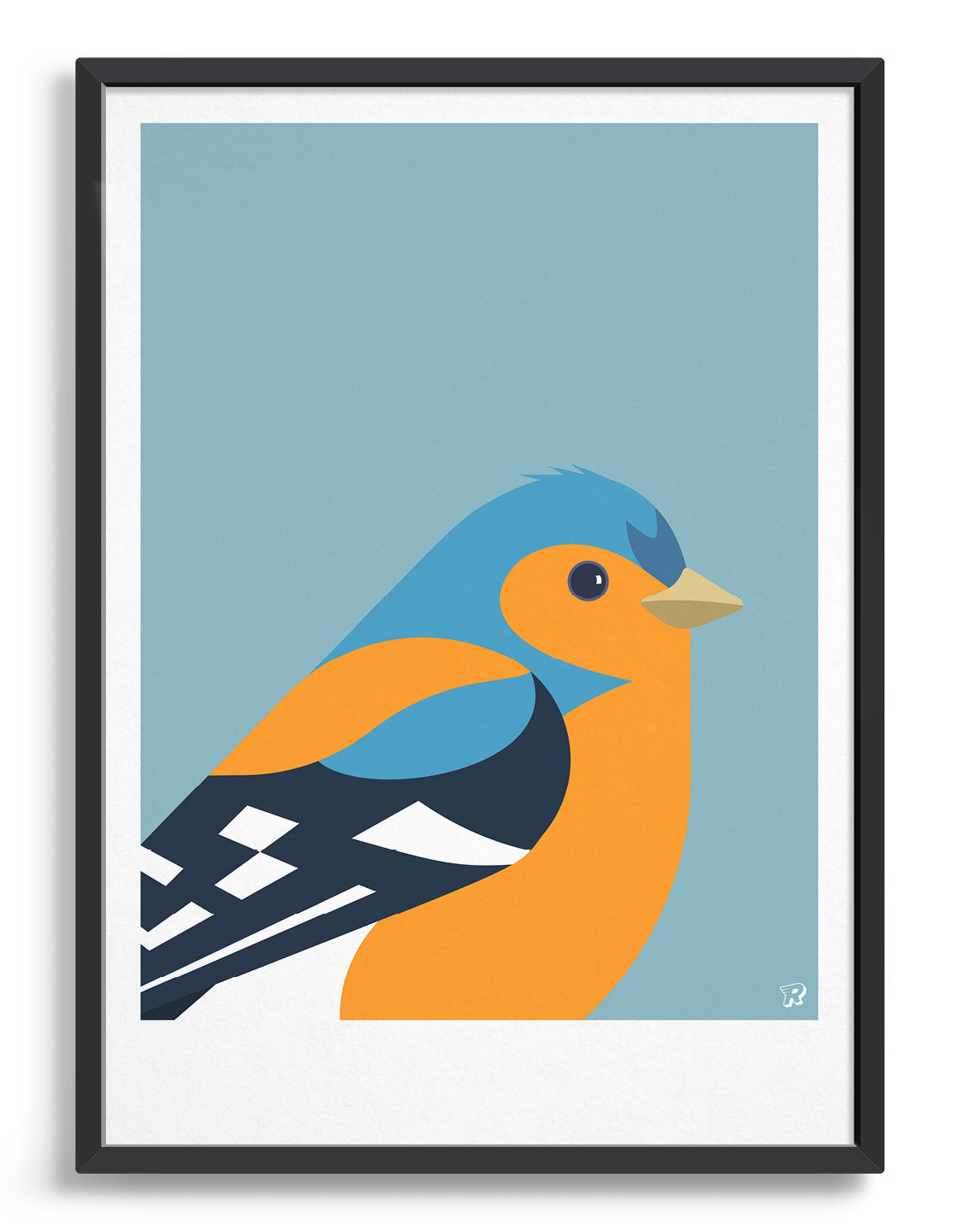 Modern bird print of a chaffinch in blue, black and orange against a light blue background