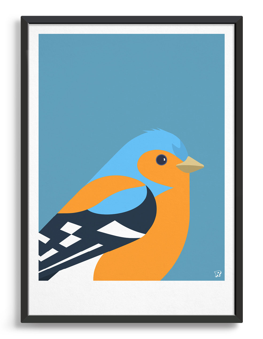 Modern bird print of a chaffinch in blue, black and orange against a sky blue background