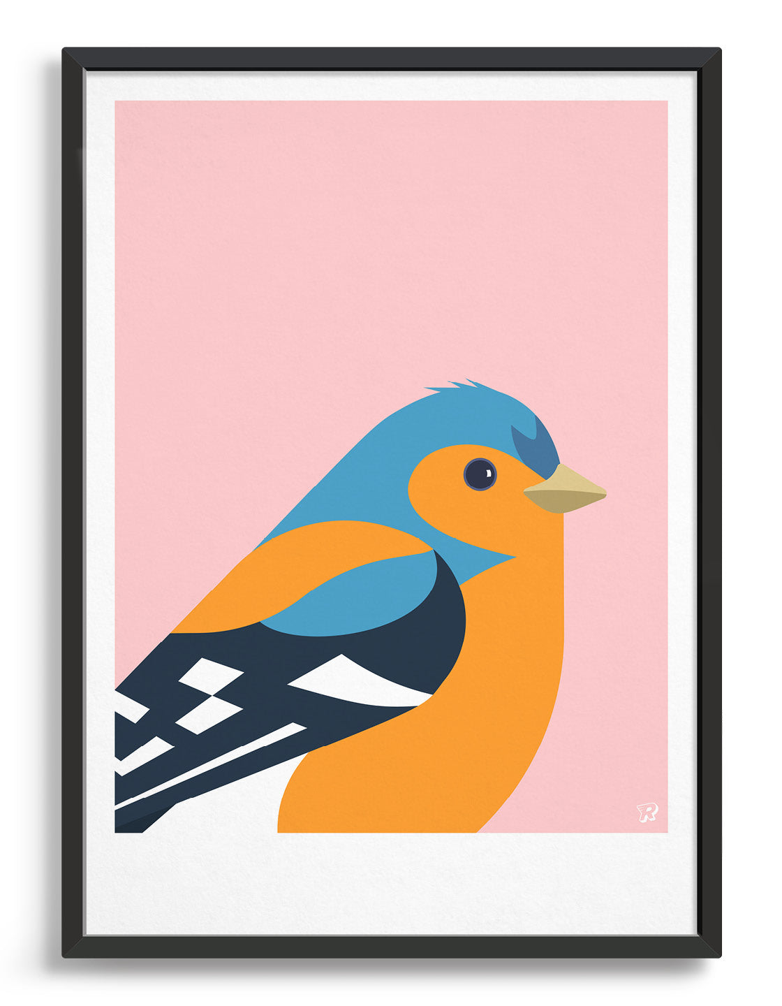 Modern bird print of a chaffinch in blue, black and orange against a pink background