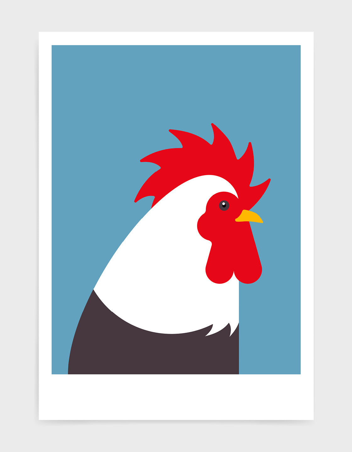 Modern cockerel / chicken illustration against a sky blue background