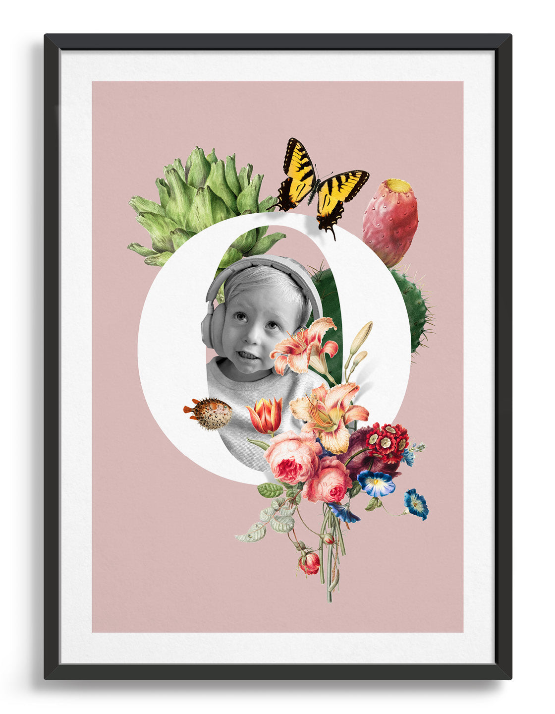 Initial print with custom photo and decorated with vintage illustrations including butterfly, flora and fauna against a pink background