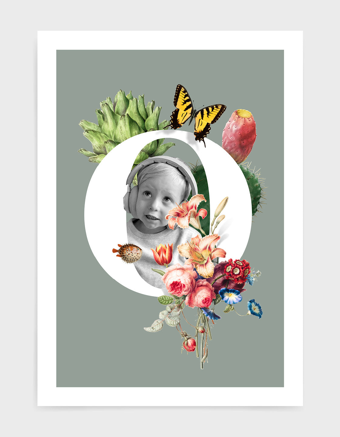 Initial print with custom photo and decorated with vintage illustrations including butterfly, flora and fauna against a grey background