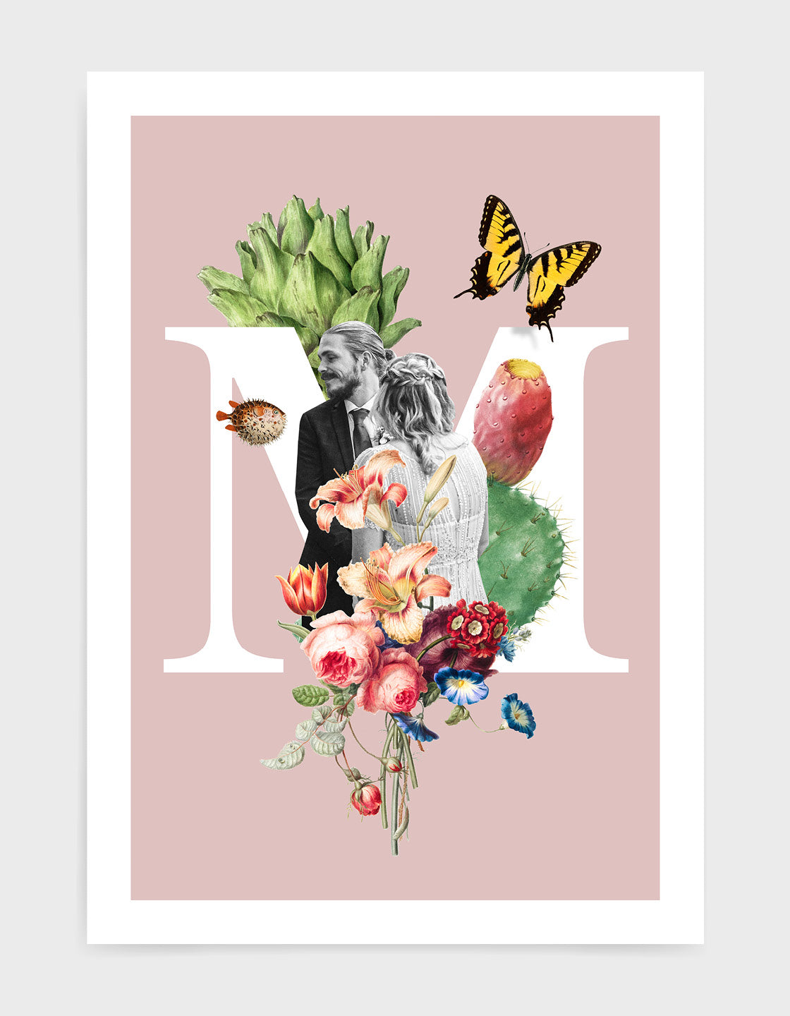 Initial print with custom photo and decorated with vintage illustrations including butterfly, flora and fauna against a pink background