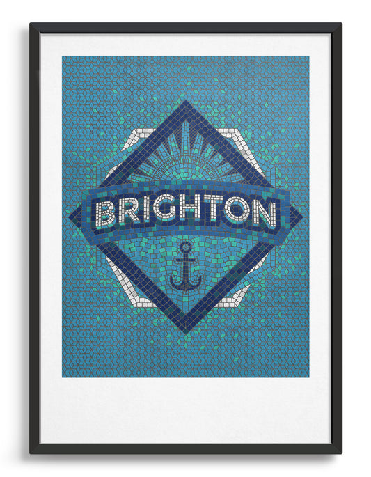 Framed image of Brighton mosaic art print in blue with anchor