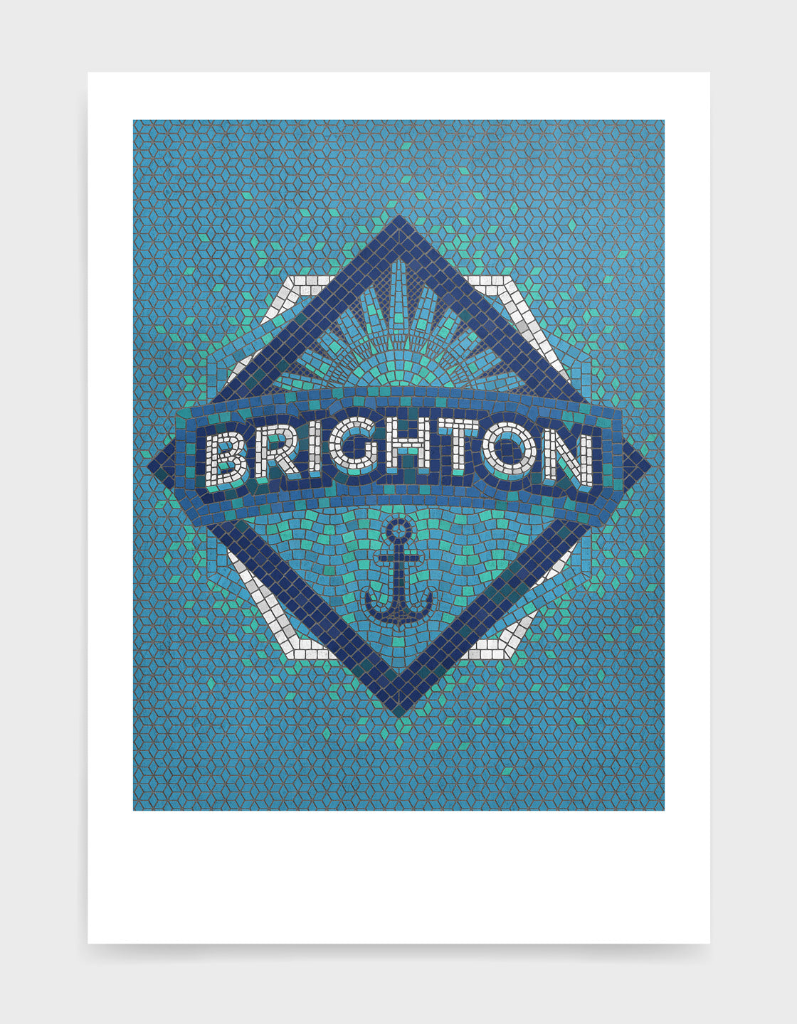 Blue mosaic art print with Brighton text and an anchor