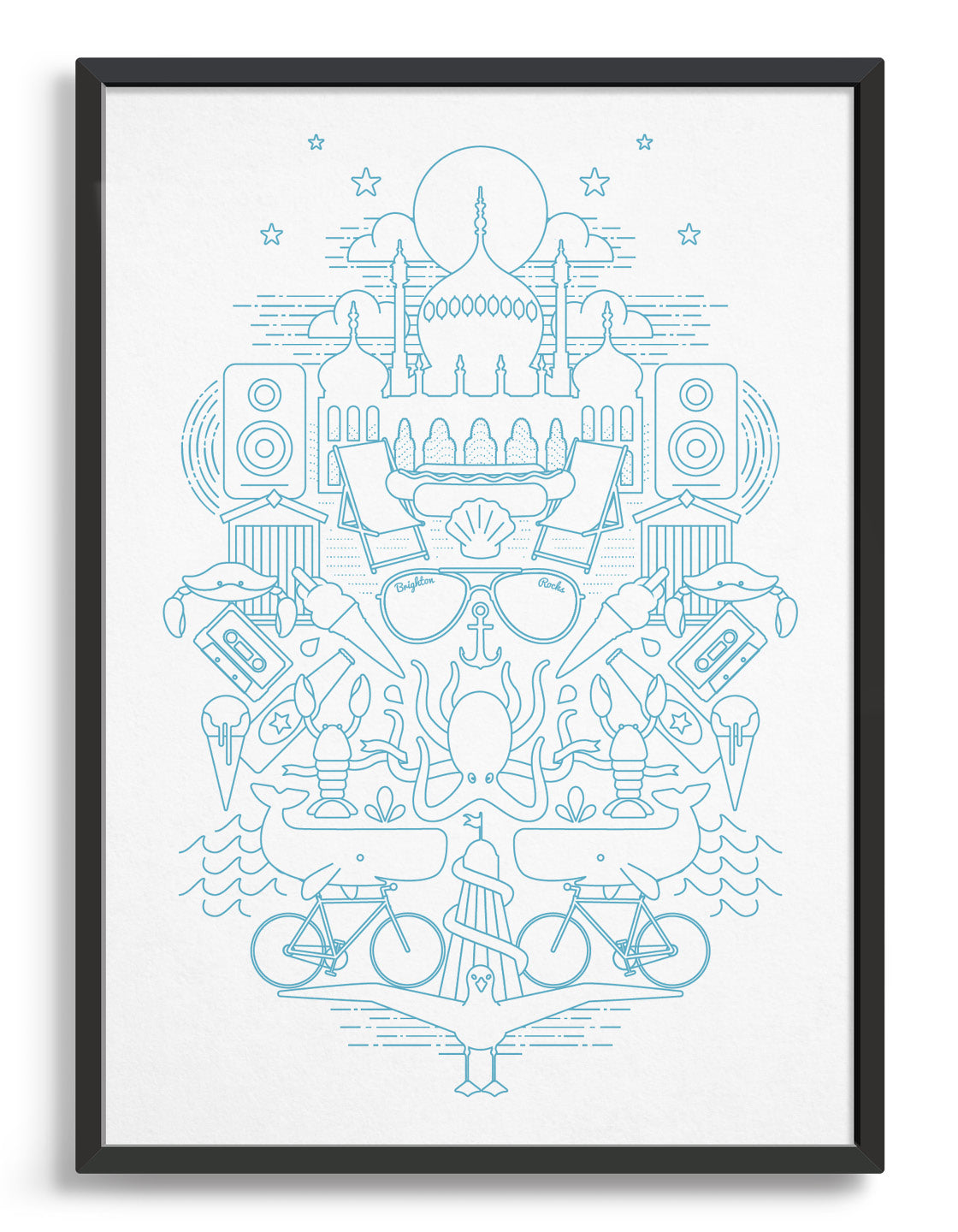 framed art print featuring Brighton illustrations including royal pavilion, sunglasses and seagulls in light blue