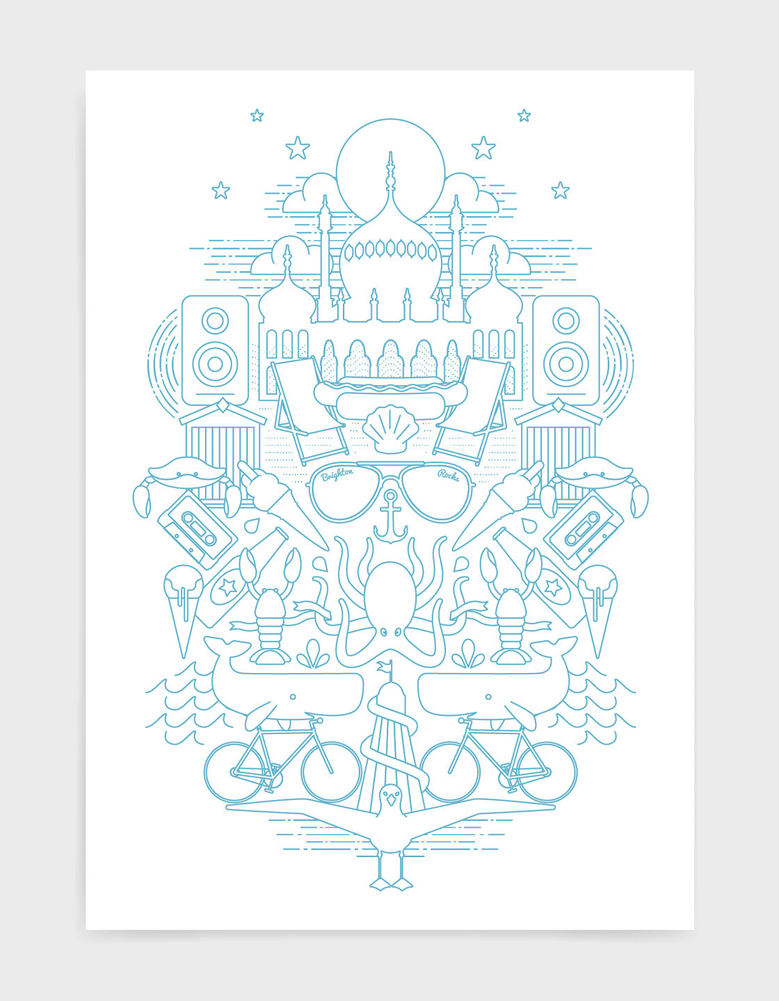 art print featuring Brighton illustrations including royal pavilion, sunglasses and seagulls in light blue