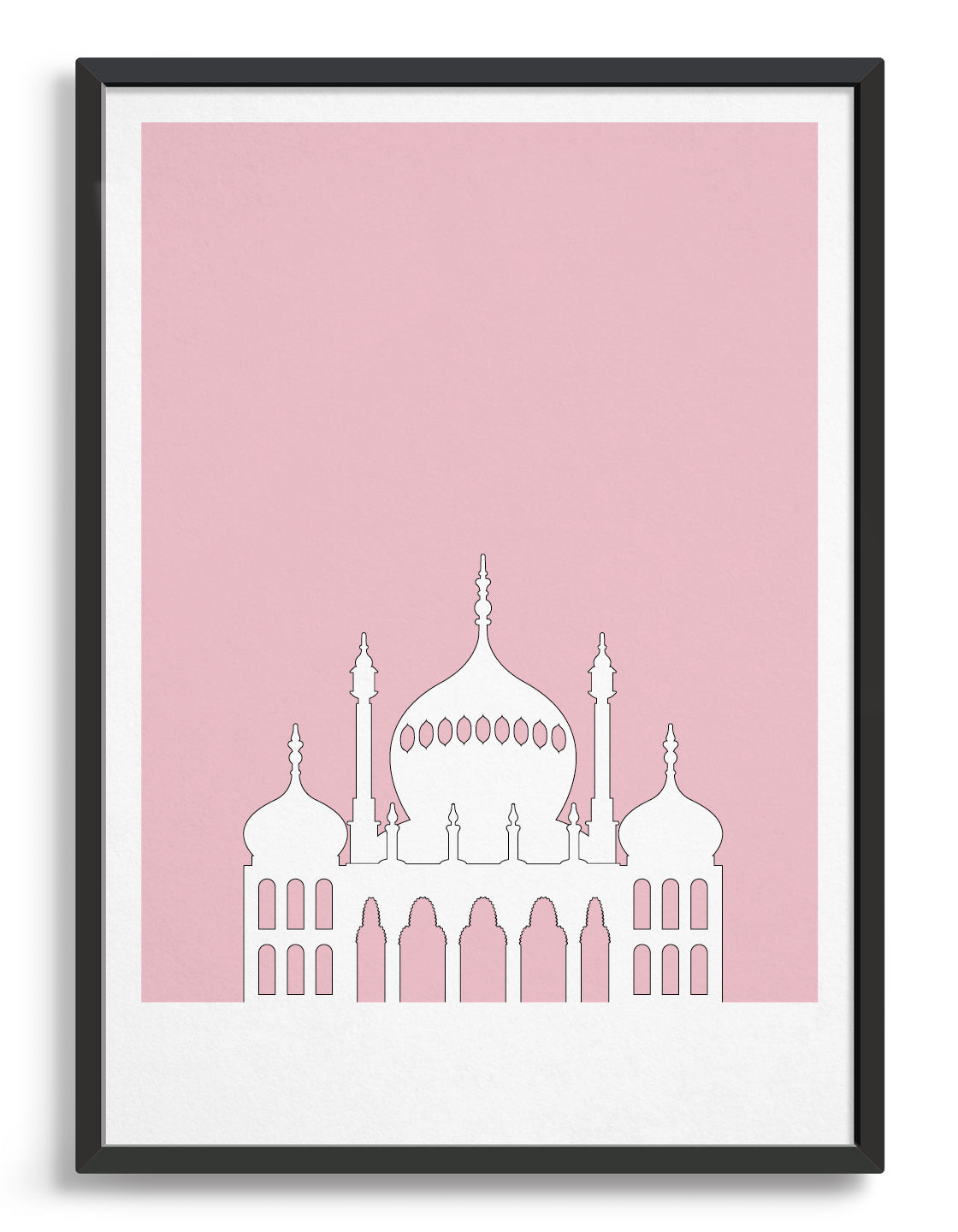 framed art print featuring Brighton Royal Pavilion in white against a pink background