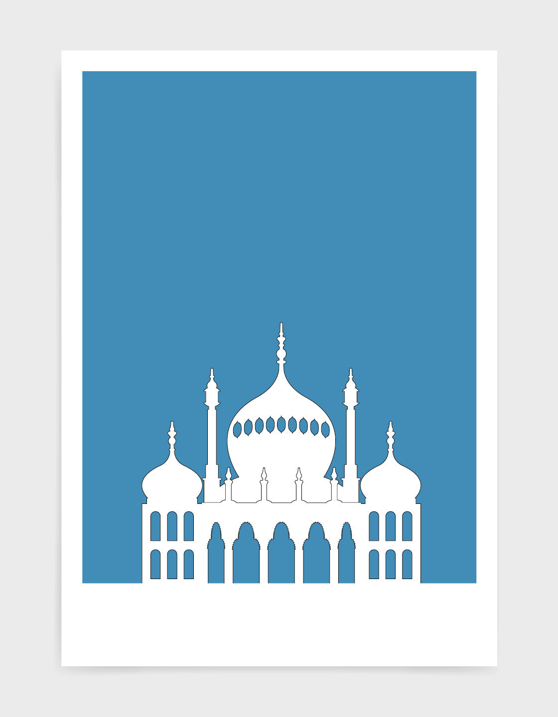 art print featuring Brighton Royal Pavilion in white against a mid blue background