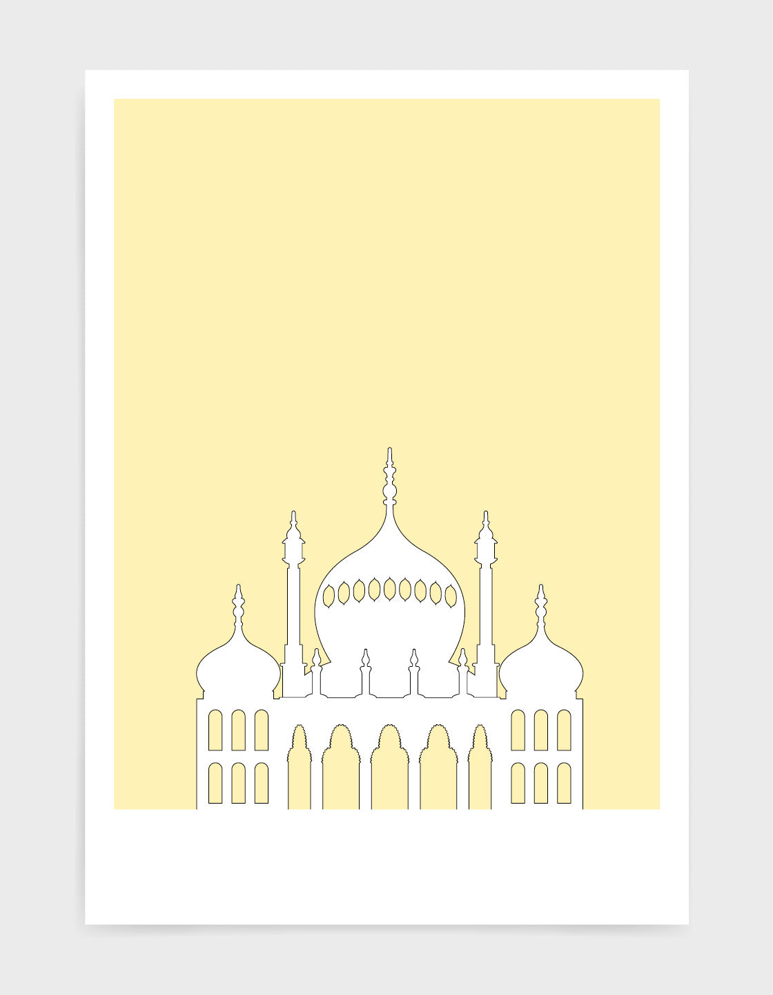 art print featuring Brighton Royal Pavilion in white against a light yellow background