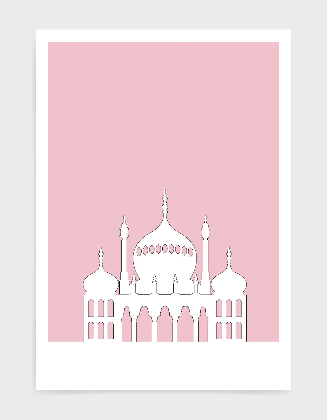 art print featuring Brighton Royal Pavilion in white against a pink background