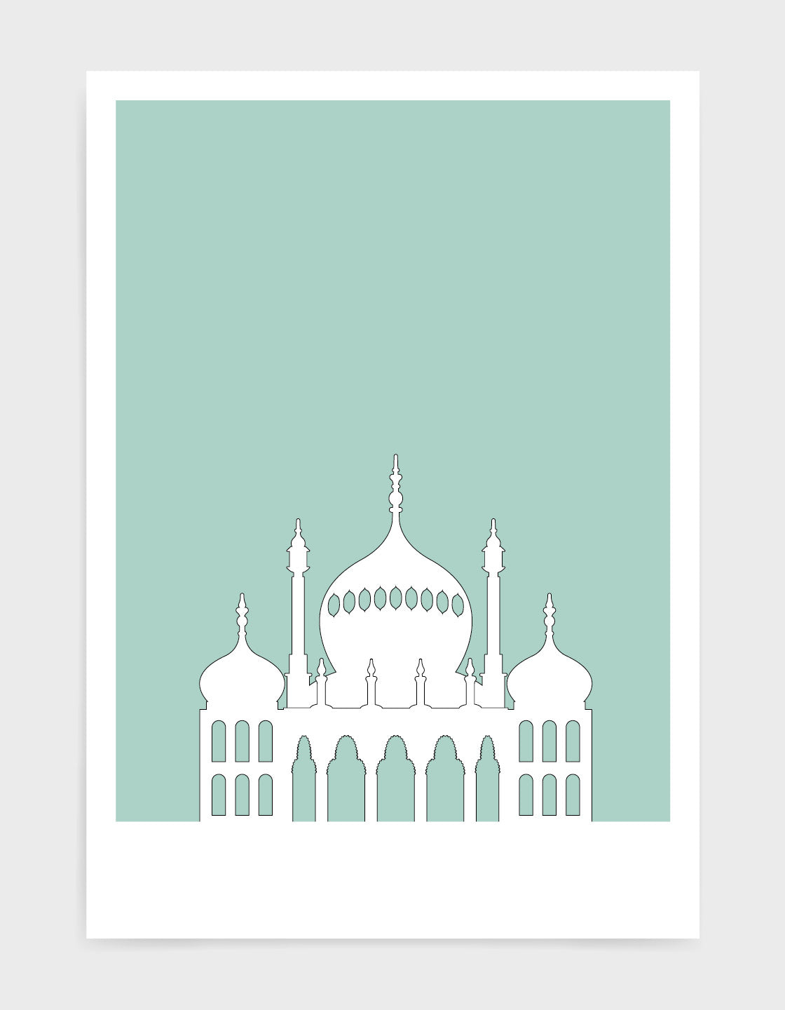 art print featuring Brighton Royal Pavilion in white against a light green background