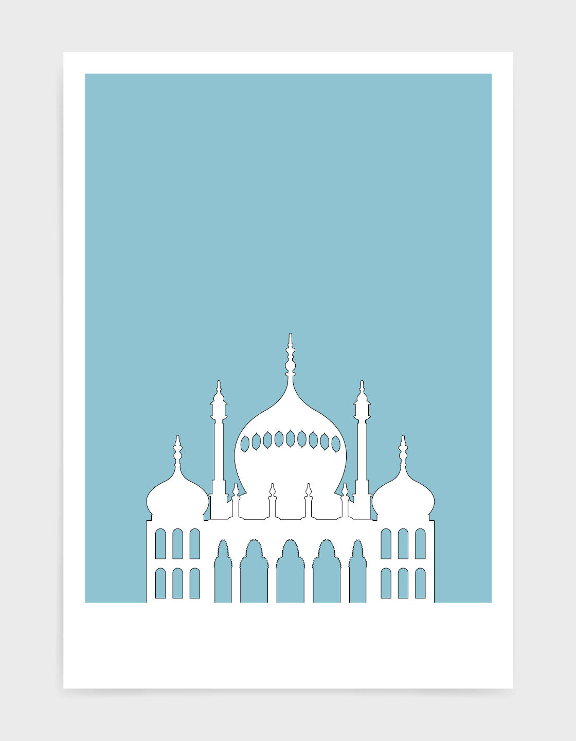 art print featuring Brighton Royal Pavilion in white against a light blue background