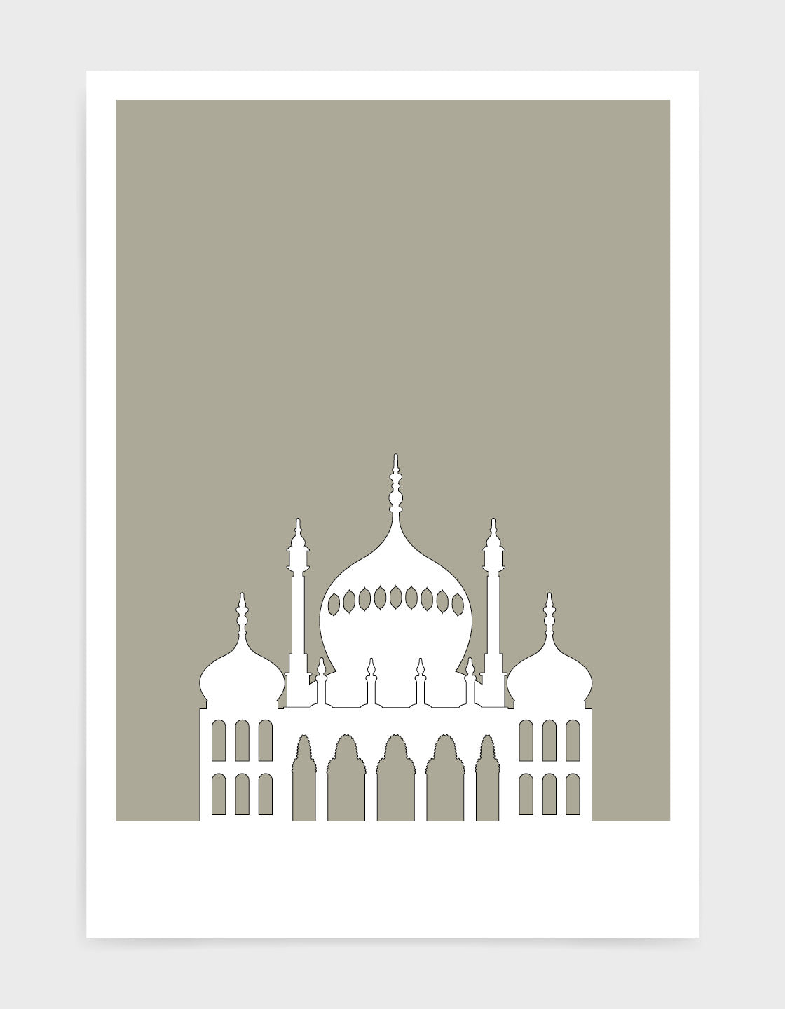 art print featuring Brighton Royal Pavilion in white against a warm grey background