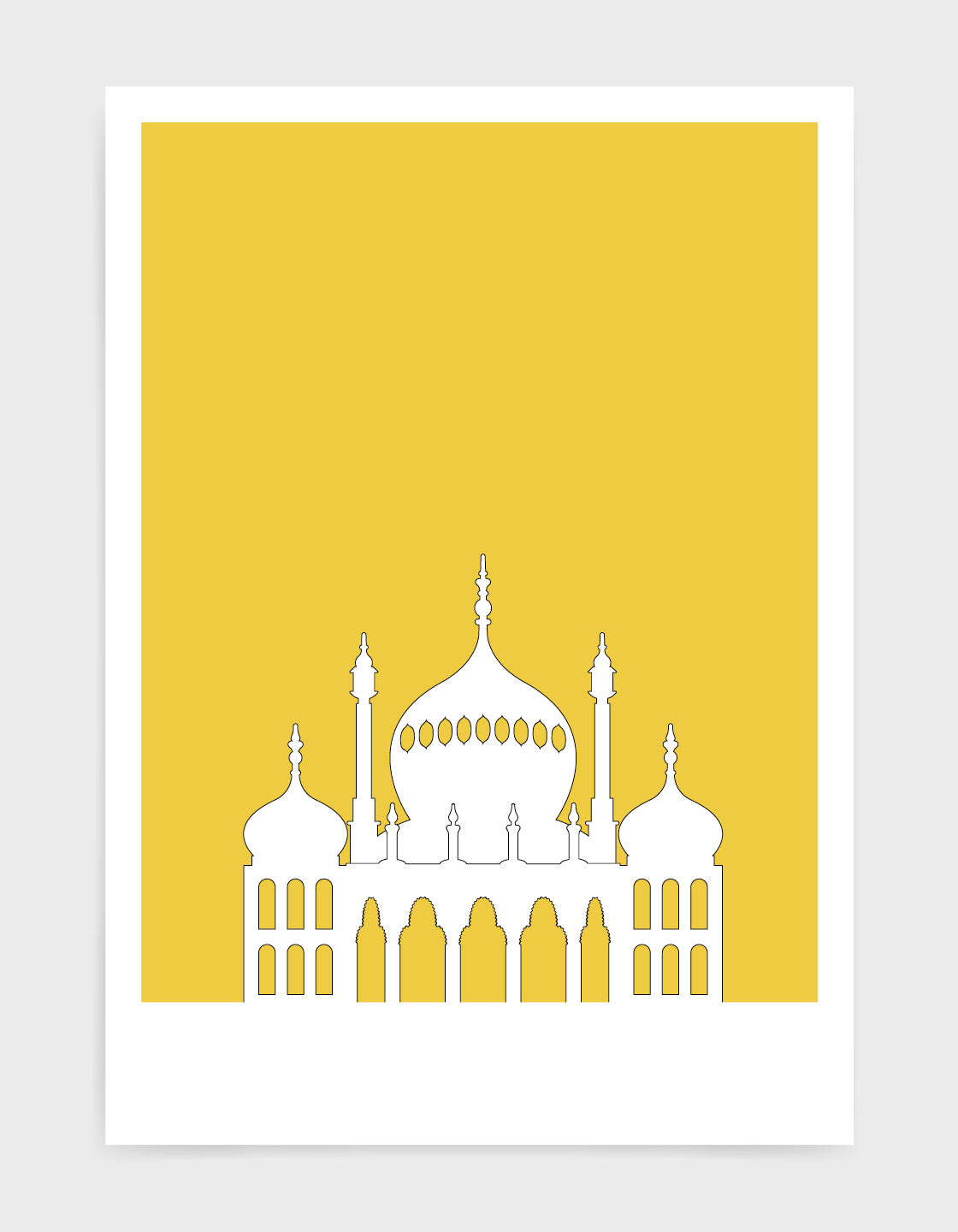 art print featuring Brighton Royal Pavilion in white against a bright yellow background