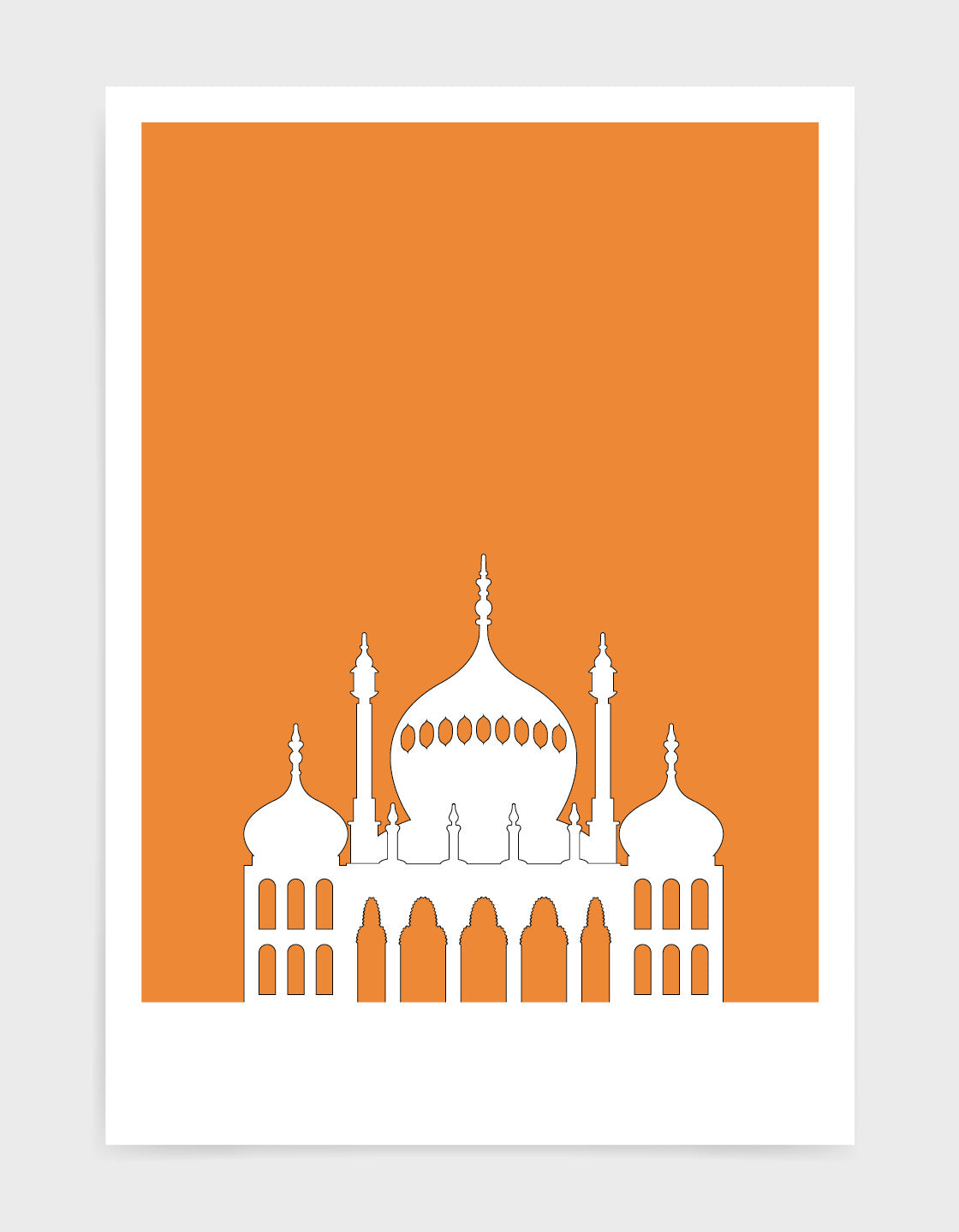 art print featuring Brighton Royal Pavilion in white against a bright orange background