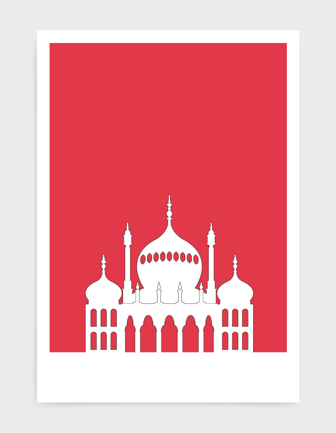 art print featuring Brighton Royal Pavilion in white against a deep red background