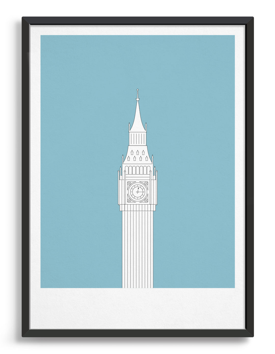 framed illustration of Big Ben in white against a light blue background