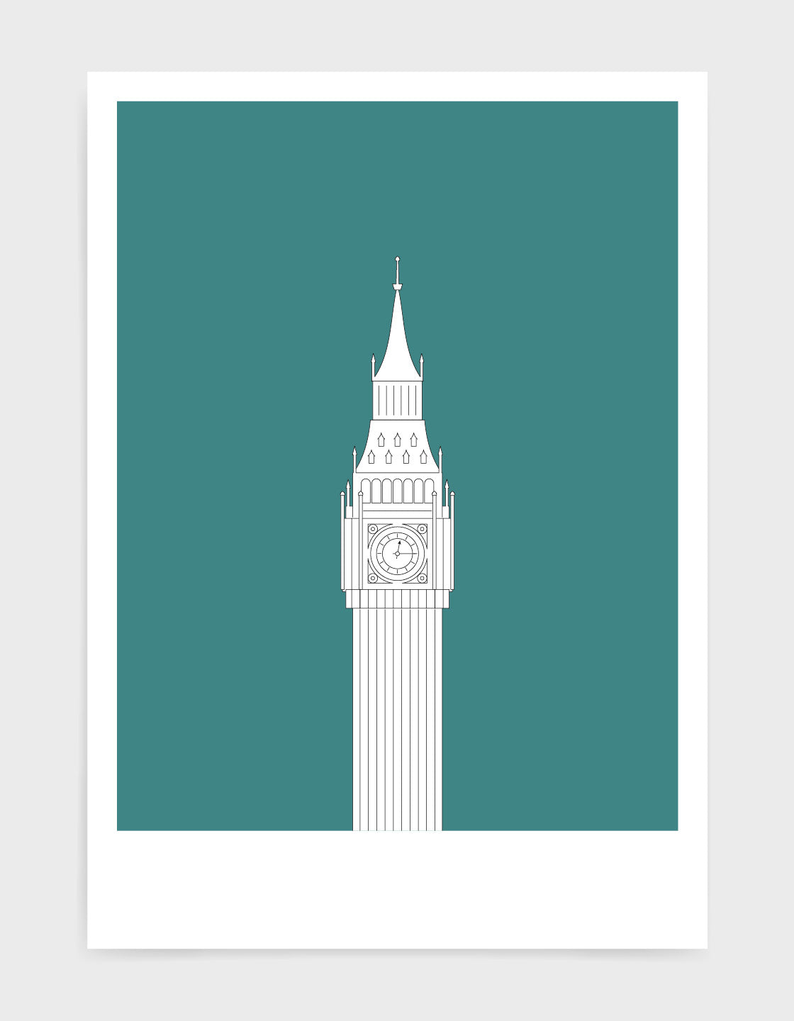 illustration of big ben in white against an aqua green background