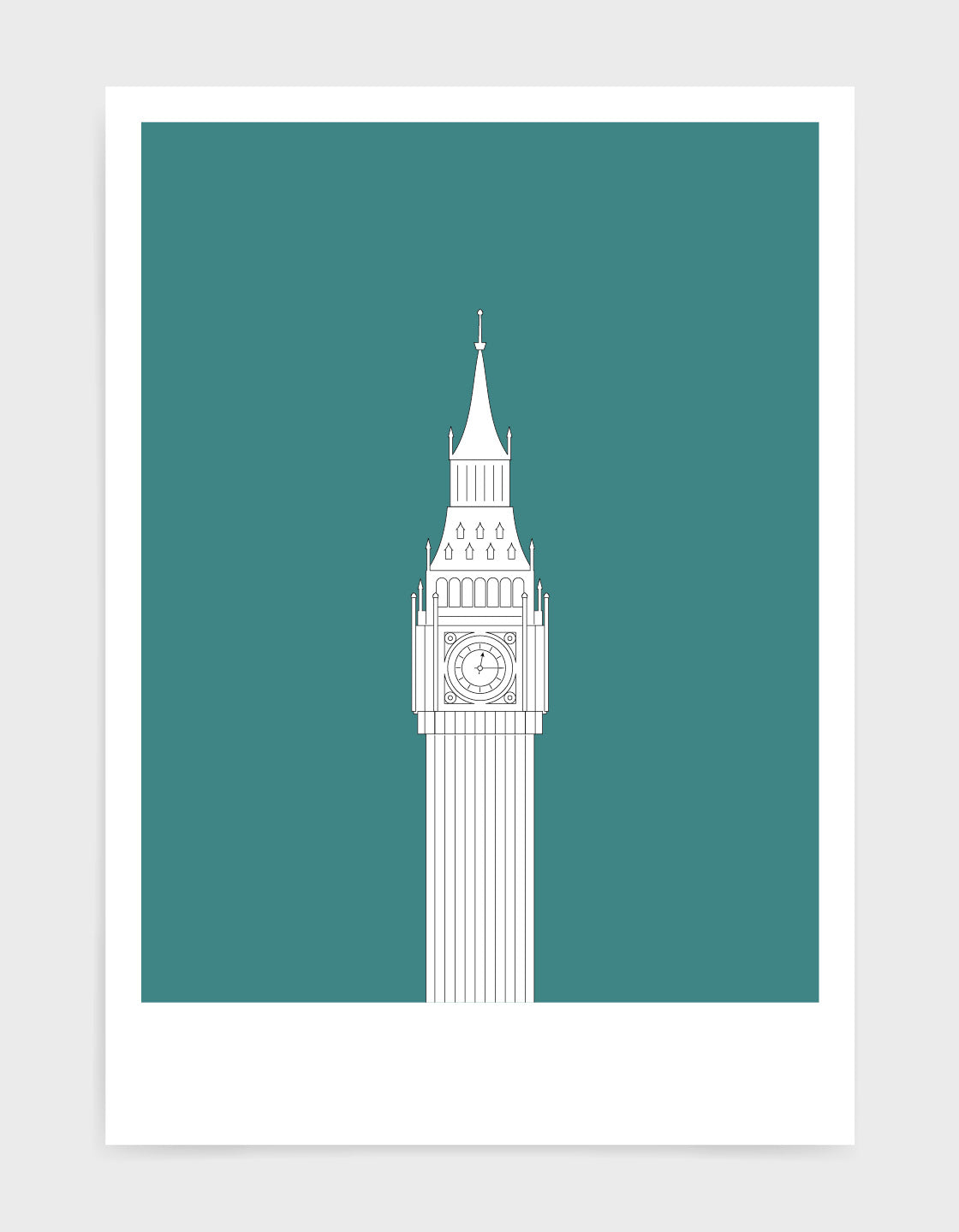 illustration of big ben in white against an aqua green background