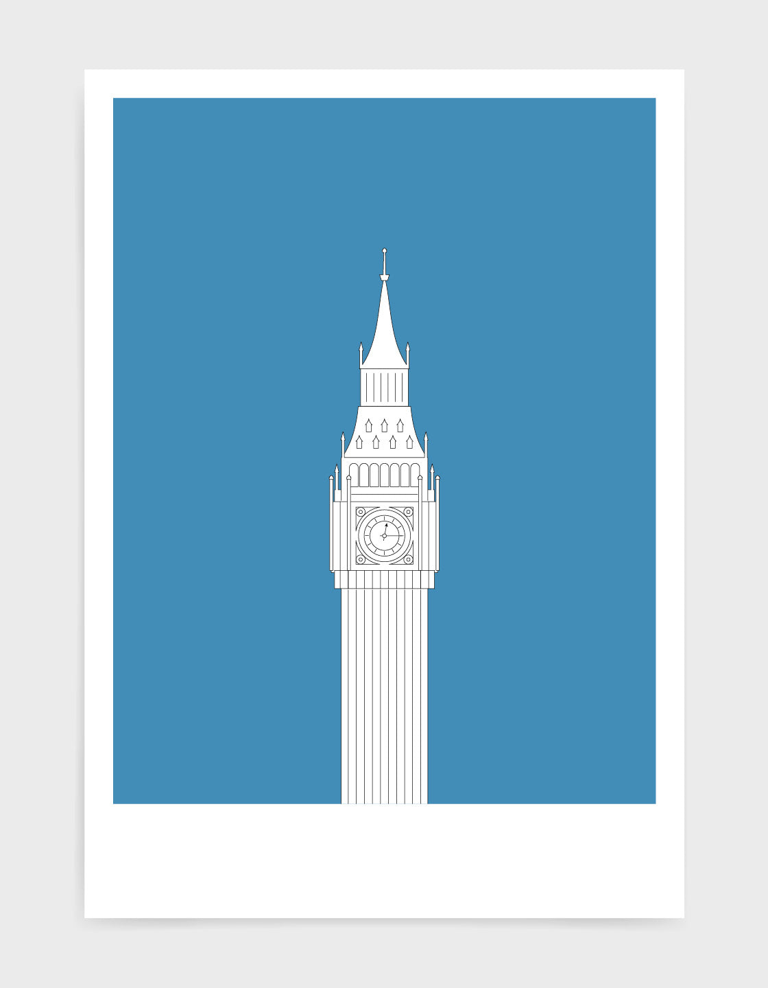 illustration of big ben in white against a mid blue background