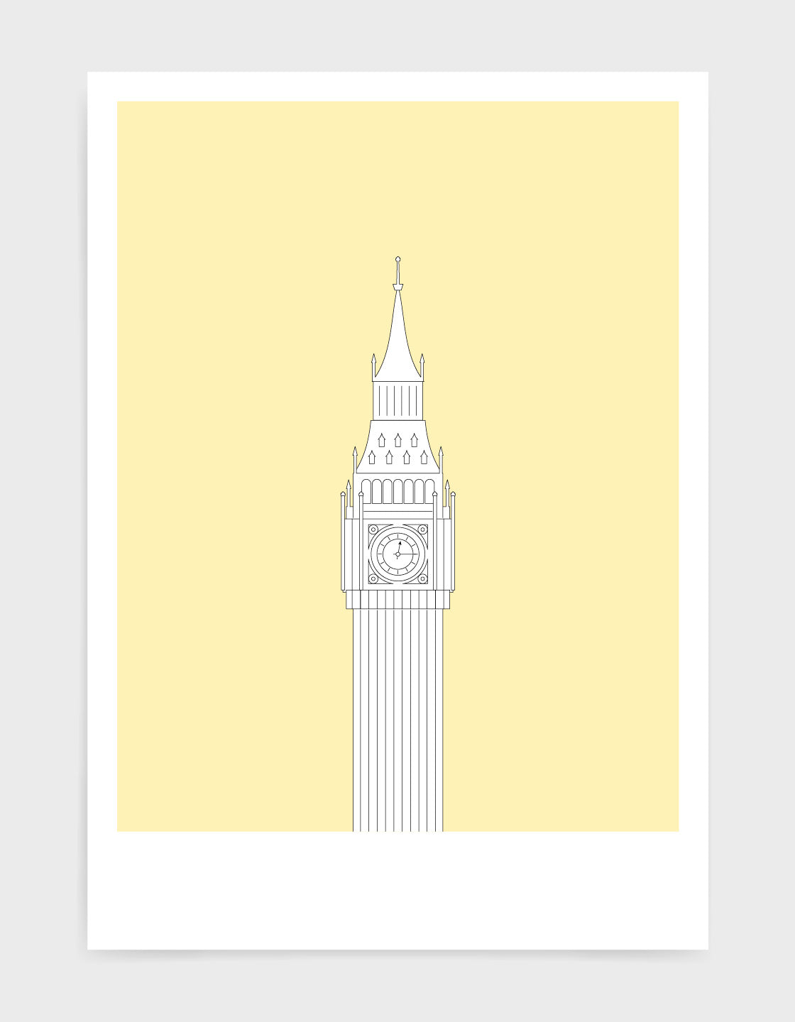 illustration of Big Ben in white against a light yellow background